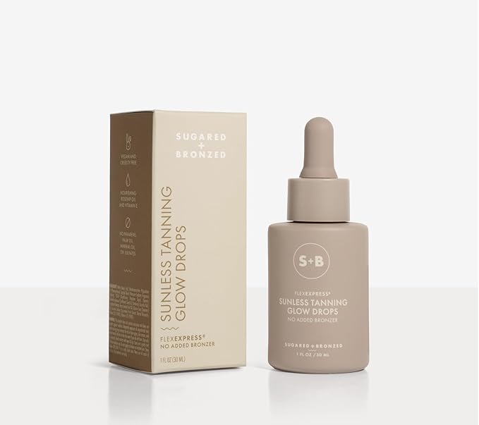 SUGARED + BRONZED Sunless Tanning Glow Drops, Face and Body Self Tanner, Customizable for a Natural Glow, Clean Formula, Streak Free Self Tanning Serum, Suitable for All Skin Types, Vegan, 1 Fl Oz