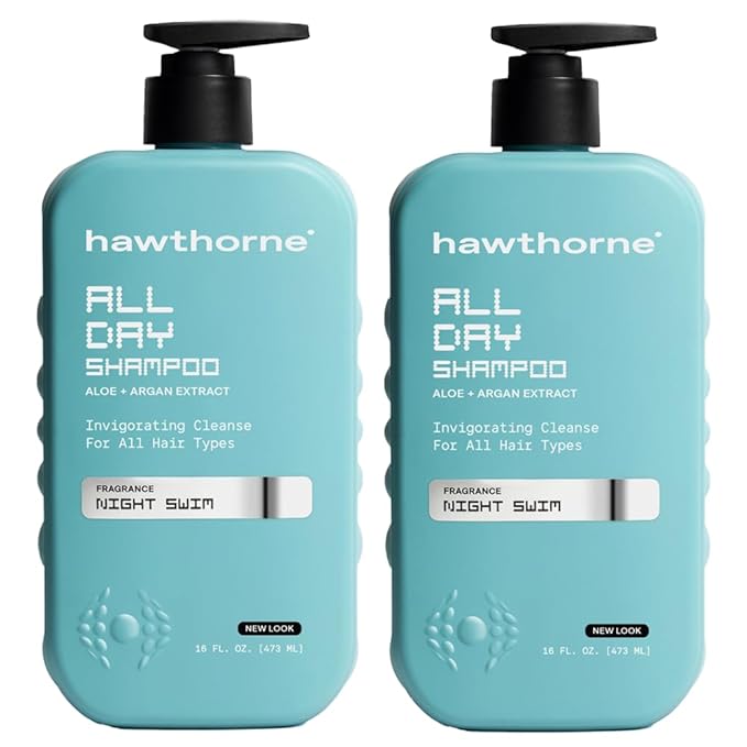 Hawthorne All Day Men's Shampoo. Sulfate Free, Paraben Free, Mens Natural Shampoo With Argan and Coconut Oil. For Stronger, Moisturized, Healthier Hair. Night Swim Cologne Scent. 16 fl. oz. 2-Pack.