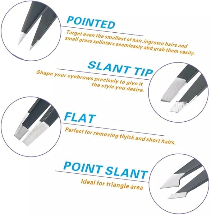 UM Supplies Tweezers Set 4 in 1 Pack l Professional Stainless Steel Tweezers for Eyebrows l Great Precision for Facial Hair, Splinter and Ingrown Hair Removal (Black)
