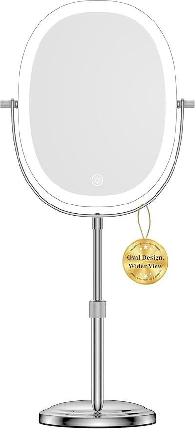 9″ Makeup Mirror with Lights, 7X Magnification, Height Adjustable Vanity Mirror, Rechargeable 3 Color Lighting Mode, 360° Swivel Double Sided Magnifying Mirror, Chrome, Gift for Women