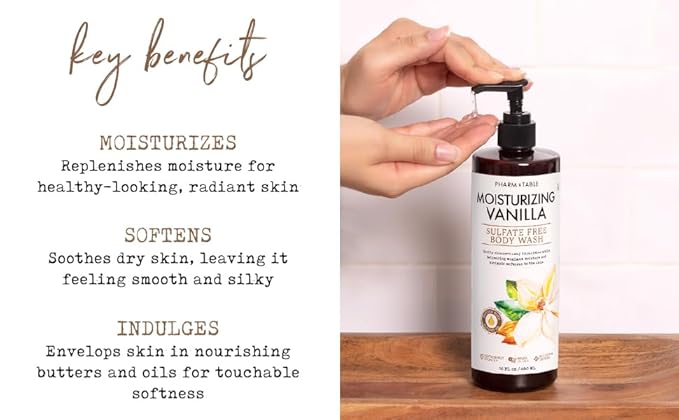 PHARM TO TABLE Moisturizing Vanilla Body Wash for Women and Men - Moisturizes and Softens the Skin, Sulfate Free, 100% Cruelty Free, 480ml