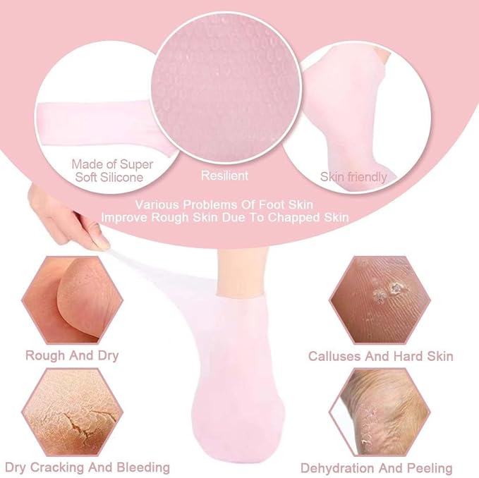 2 Pairs Silicone Moisturizing Glove Socks Set for Dry Cracked Feet and Hands, Anti Slip Spa Socks Women Gel Pedicure Socks for Foot Hand Softening Foot Care After Pedicure (Pink)