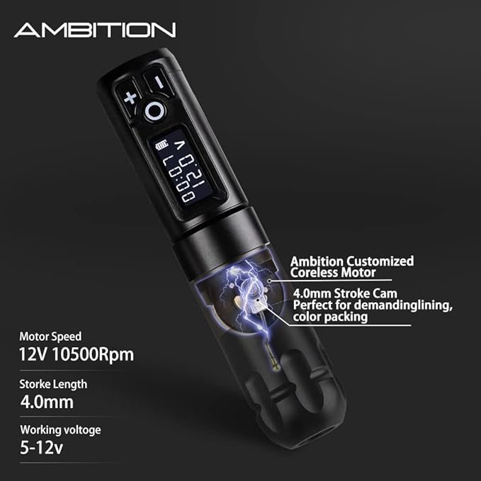 Ambition Soldier Rotary Battery Pen Tattoo Cartridge Machine with 2400mAh Wireless Power Japan Coreless Motor Digital LED Display Tattoo Equipment Supply for Professionals and Beginners Tattoo Artists