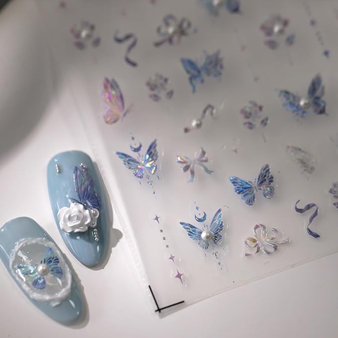 Butterfly Nail Stickers for Nail Art 5D Embossed Aurora Butterfly Nail Stickers with Pearl Flower Design Butterfly Nail Decals Spring Summer Nail Supplies for Women Girls Manicure Decoration