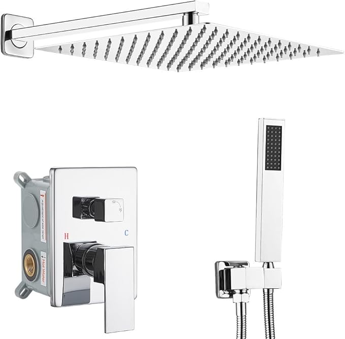 YCAIKOI Shower Faucet Set Complete, Wall Mount Shower System for Bathroom 12 Inch High-Pressure Rainfall Shower with Handheld, Rough-in Valve Body and Trim Kit, Polished Chrome