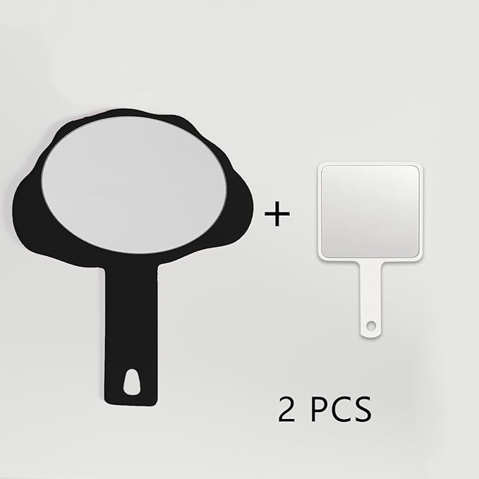 2 Pcs Hand Held Mirror with Handle for Makeup,Small Cute Hand Mirror for Shaving with Hole Hanging Single-Sided Portable Travel Vanity Mirror Gift for Mens & Women (Black, 5.91" Lx 7.87" W)