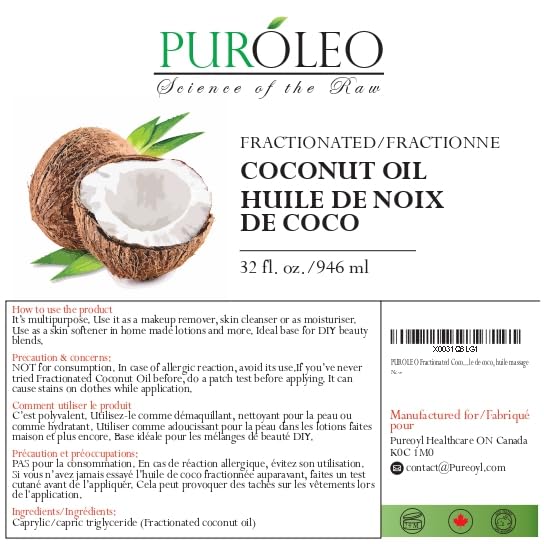 PUROLEO Fractionated Coconut Oil 32 Fl Oz/946 ML (Packed in Canada) 100% Natural and odorless Moisturizer & Carrier Oil l Hair Skin Body, Aromatherapy, Massage, Makeup Remover
