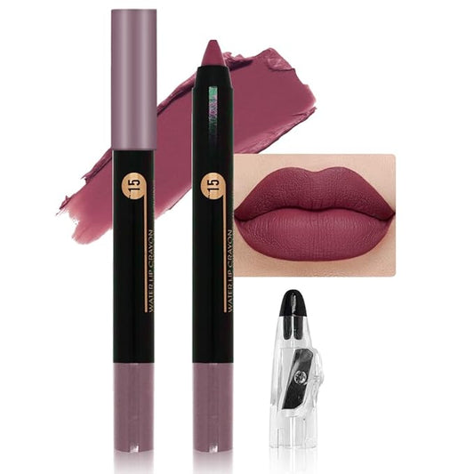 JUAAZIN Purple Brown Matte Lip Liner Crayon with Sharpener - Waterproof Smudgeproof Long-Wear Lip Pencil, Creamy Pigmented Lip Crayon for Women, 12HR Stay Silky Velvet Lip Liner 15#