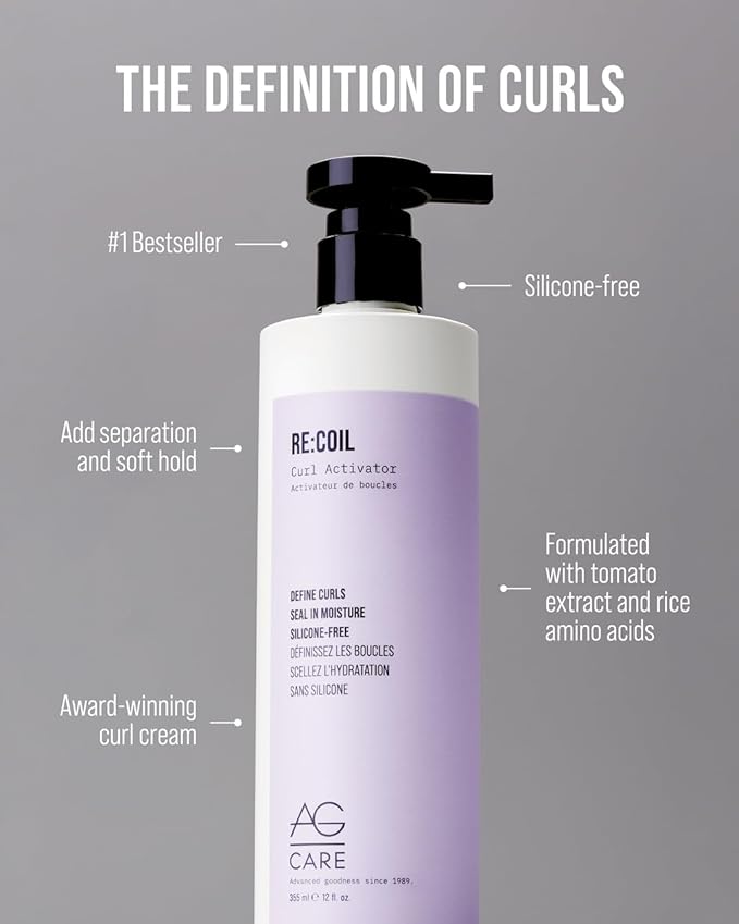 AG Care Re:Coil Curl Activator Curl Cream with Keratin Amino Acids - Ultra-Nourishing Curly Hair Cream for Defined, Healthy Curls, 6 Fl Oz