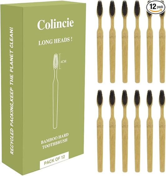 Extra Hard & Firm Bamboo Charcoal Toothbrush Long Head with Wide Thickened Handle Whitening Teeth Pack of 12