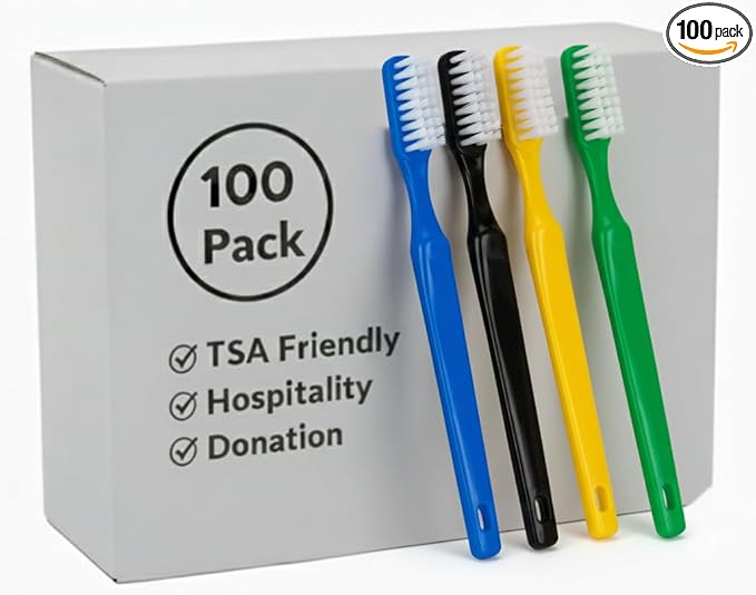 Trail maker 100 Pack 46 Soft Bristle Head Toothbrushes in Assorted Colors - Hospitality, Hotel, Charity, Donation