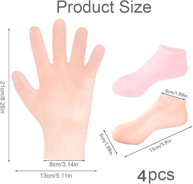 2 Pairs Silicone Moisturizing Glove Socks Set for Dry Cracked Feet and Hands, Anti Slip Spa Socks Women Gel Pedicure Socks for Foot Hand Softening Foot Care After Pedicure (White)