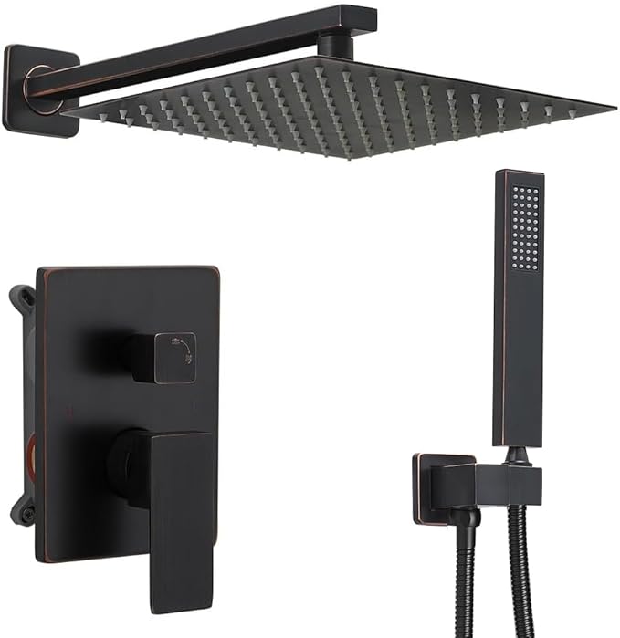 annazom Oil Rubbed Bronze rain Shower Faucet Set Shower System 10 Inches Square Shower Head with Handheld, Waterfall Showerhead, All Metal Shower Faucet Trim Repair Kits (Contain Shower Valve)