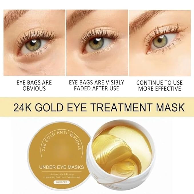 Under Eye Patches Masks - 24K Gold Eye Patch for Dark Circles & Puffy Eyesg,Fine Lines,Eye Bags, Wrinkle,Contains Caffeine and Collagen, Hydration for Women and Men, (60 Pcs) Gold