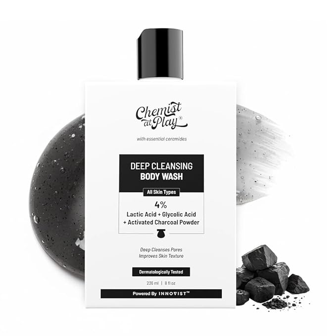 Chemist at Play Deep Cleansing Body Wash| Activated Charcoal Removes Dirt | Lactic Acid for Skin Texture| Glycolic Acid for Exfoliation| 7.9 Fl oz