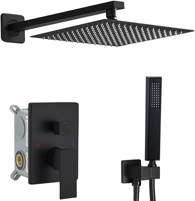 YCAIKOI Shower Faucet Set Complete, Wall Mount Shower System for Bathroom 12 Inch High-Pressure Rainfall Shower with Handheld, Rough-in Valve Body and Trim Kit, Matte Black