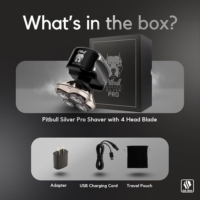 Skull Shaver Pitbull Silver PRO Head & Face Shaver - Premium Cordless Electric Shaver for Wet & Dry Shaving - Ergonomic & Easy-to-Clean Design - Includes Travel Pouch