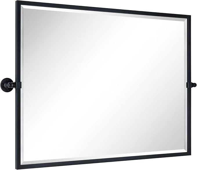 TEHOME 40x30'' Matt Black Pivot Bathroom Vanity Mirror Large Metal Framed Squared Edge Rectangle Tilting Beveled Vanity Mirrors for Wall