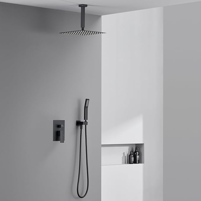 Artiqua Shower System 12 Inches Rain Shower Combo Set Black Ceiling Mount Shower Faucet Bathroom Faucets with Rainfall Shower Head and Hand Shower