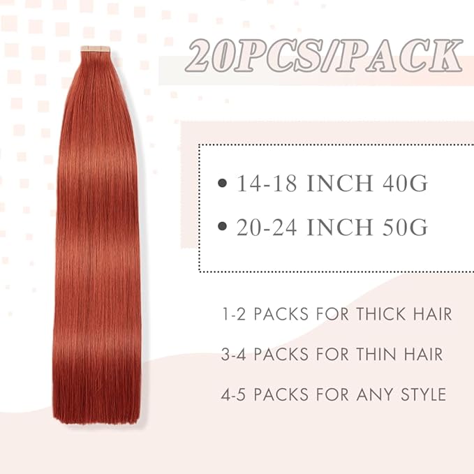 Tape in Hair Extensions Human Hair, Copper 20pcs 18 Inch Tape Ins for Women Human Hair Extensions Invisible Straight Seamless Skin Weft Remy (350#, 18 Inch)