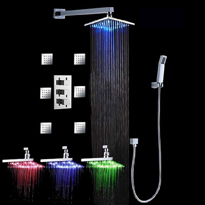 Cascada Luxury Bathroom Shower Set with Luxury Water Power LED Shower Head (Wall Mount) Rainfall Thermostatic 6 Massage Jets Spray Body Shower Set (10", Chrome)