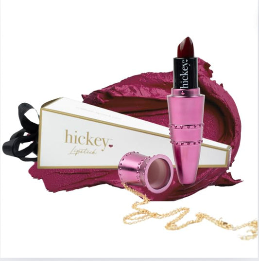 Hickey Lipstick Set, Big Trouble (Berry Wine), Refillable Silver Case with Chain, Satin Pouch & Ribbon (Wearable Necklace), Long Lasting Hydrating Velvet Finish Lipstick for Women, Vegan & Gluten-Free