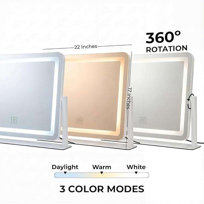 Vanity Mirror with Lights, 22''x17'' Lighted Makeup Mirror, LED Makeup Mirror, Smart Touch with 3-Color Lighting Modes, Dimmable, for Bedroom Tabletop - White