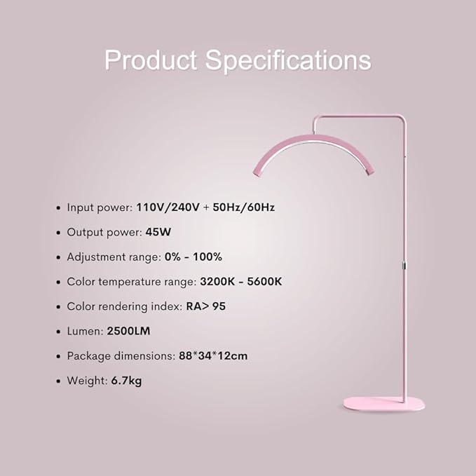Bling Half Moon Lash Light | Dimmable LED Diamond Esthetician Light for Eyelash Techs - LED Floor Lash Lamp with Adjustable Height, Touch Control & Stable Base | Warm & Cool Tones | Pink Bling