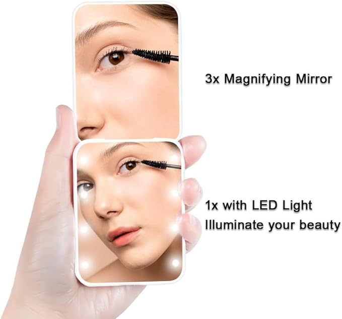 Flymiro Compact Mirror, 1x/3x Magnification Mini Mirror for Purse, Pocket, Handheld, Stocking Stuffers, Travel Makeup, 2-Sided Foldable, Small Mirror with Led Lights