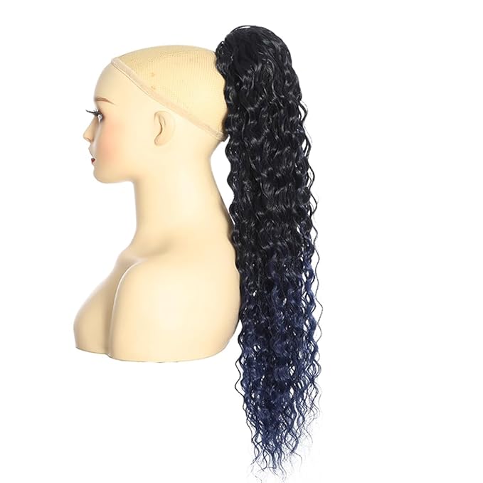 Deep Wave Ponytail Extension for Women 24 Inch Black to Dark Blue Curly Wavy Ponytail Hair Extensions Drawstring with Clips Short Synthetic Hairpiece for Daily and Party