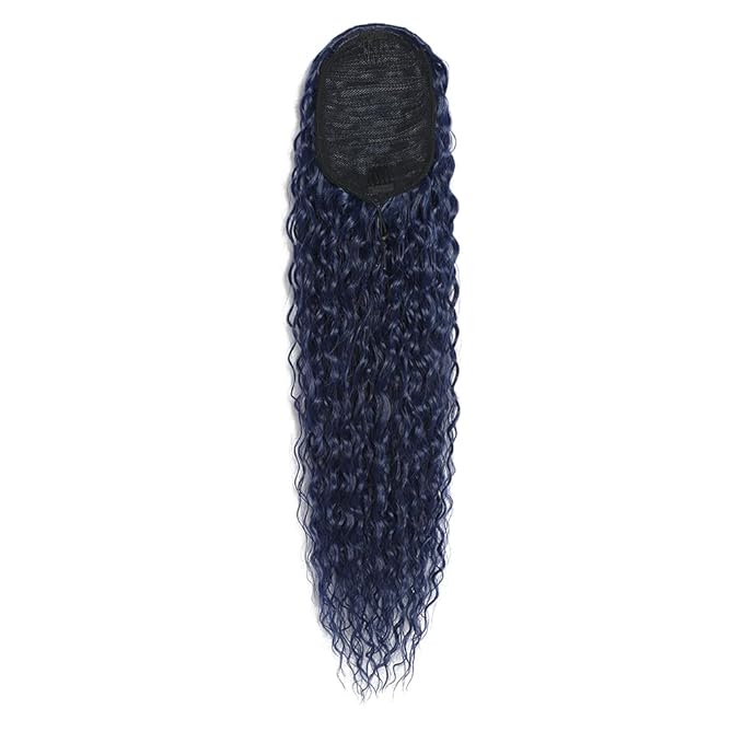 Deep Wave Ponytail Extension for Women 12 Inch Dark Blue Curly Wavy Ponytail Hair Extensions Drawstring with Clips Short Synthetic Hairpiece for Daily and Party