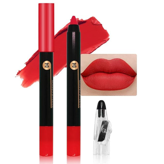 JUAAZIN True Red Matte Lip Liner Crayon with Sharpener - Waterproof Smudgeproof Long-Wear Lip Pencil, Creamy Pigmented Lip Crayon for Women, 12HR Stay Silky Velvet Lip Liner 04#