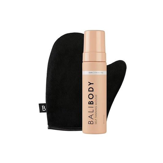 Bali Body Dark Self-Tanning Mousse + Mitt Bundle | Natural Looking Perfect Bronzed Shade | Streak-Free Green Based Tinted Self-Tanner + Reusable Stain-Free Tan Applicator | Vegan, Cruelty Free