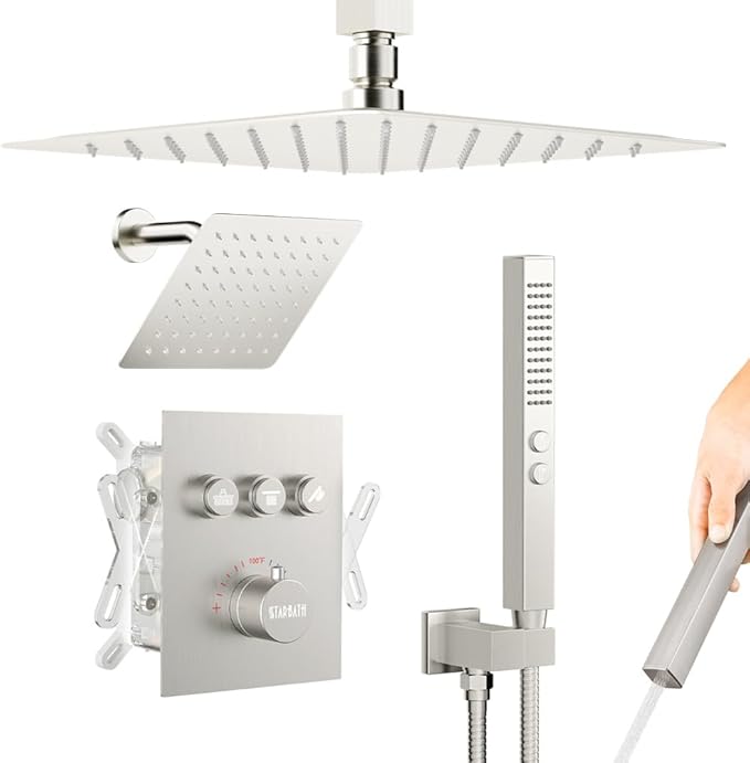 Shower Faucets Sets Brushed Nickel Shower System,12" Ceiling Rainfall Shower and 6" Wall Mount with 2 in 1 Handhled, Can Use All at Once, Thermostatic Shower Set with Valve and Trim Kit