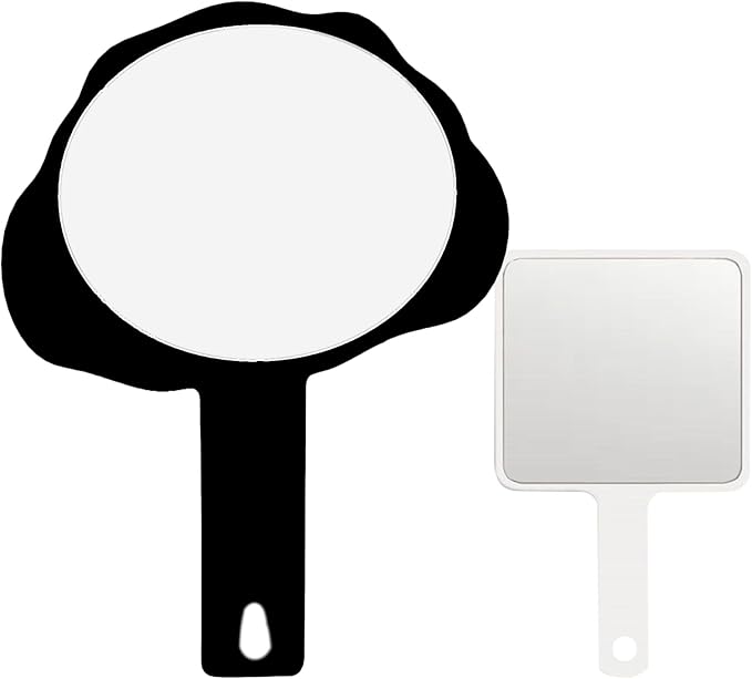 2 Pcs Hand Held Mirror with Handle for Makeup,Small Cute Hand Mirror for Shaving with Hole Hanging Single-Sided Portable Travel Vanity Mirror Gift for Mens & Women (Black, 5.91" Lx 7.87" W)