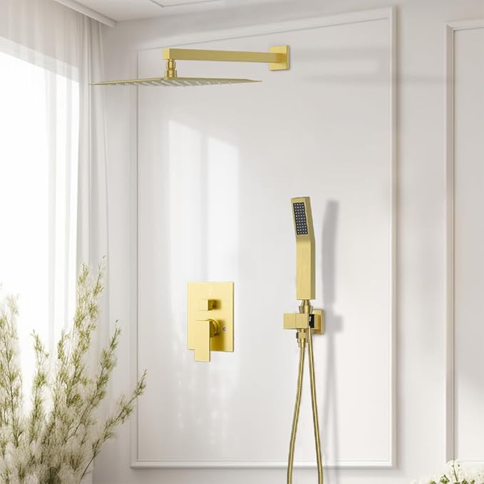 Shower Faucet Set Brushed Gold Shower System, Starbath 12" Rain Shower Head and Handheld Spray Shower Set Complete Wall Mounted,2 Way Pressure Balance Shower Valve and Trim Kit Included