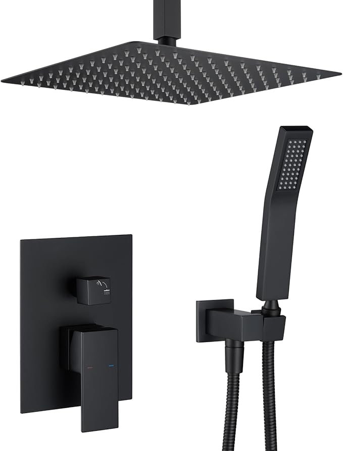Artiqua Shower System 12 Inches Rain Shower Combo Set Black Ceiling Mount Shower Faucet Bathroom Faucets with Rainfall Shower Head and Hand Shower