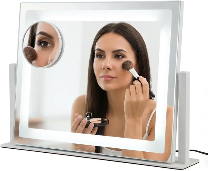 Vanity Mirror with Lights, 16" x 12" Lighted Makeup Mirror with Smart Touch Control, LED Makeup Mirror with 3 Color Lighting Modes, 10X Magnification, 360° Rotation for Tabletop - White