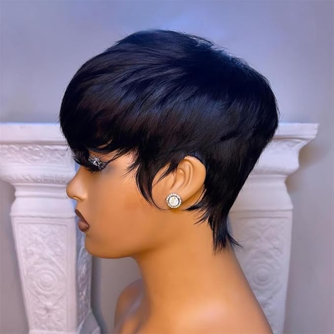 Short bob wig for black women Pixie Cut Wig Human Hair Short Bob layered Natural Black Straight Humah Hair full machine made Glueless Wigs With Bangs for Ladies daily use