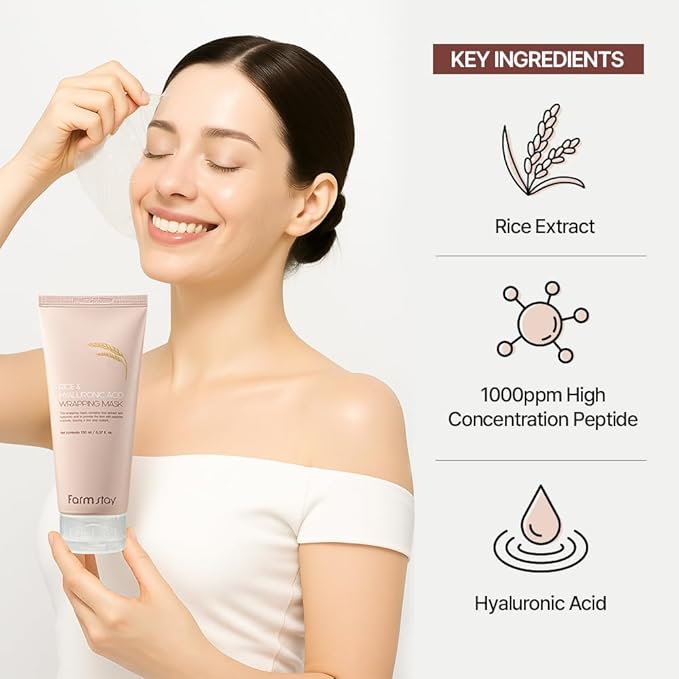 FARMSTAY Rice & Hyaluronic Acid Wrapping Mask 5.07 fl.oz./150ml, overnight face mask, rice mask, peel off face mask, glass skin, korean skincare