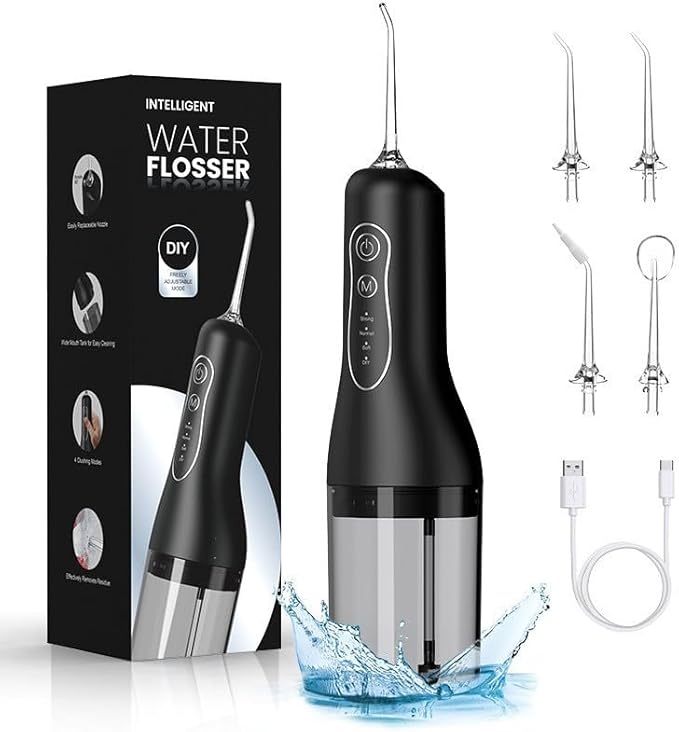 MAIDUOO Portable Water Flosser with 4 Modes & Nozzles, 260ml Leak-Proof Tank, IPX7 Waterproof, 30-Day Battery - Ideal for Family, Travel & Sensitive Gums,Black