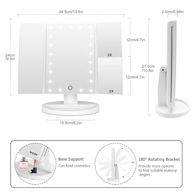 WEILY Makeup Mirror with 21 LED Lights,Two Power Supply Modes, Adjustable Touch Screen and 1x/2x/3x Magnification Tri-Fold Vanity Mirror,Chargeable Travel Cosmetic Mirror for Desktop(White)