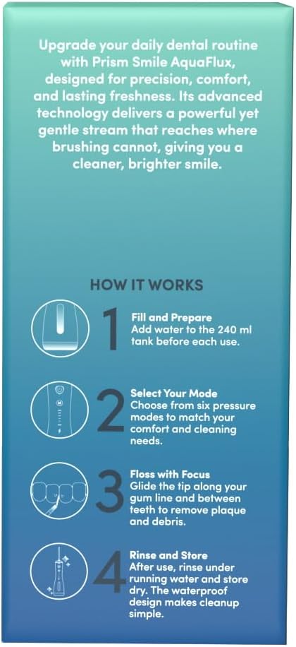 AquaFlux Water Flosser, Cordless Dental Irrigator with 6 Modes, 240ml Tank, IPX7 Waterproof, 30-Day Battery Life, 8 Tips Included