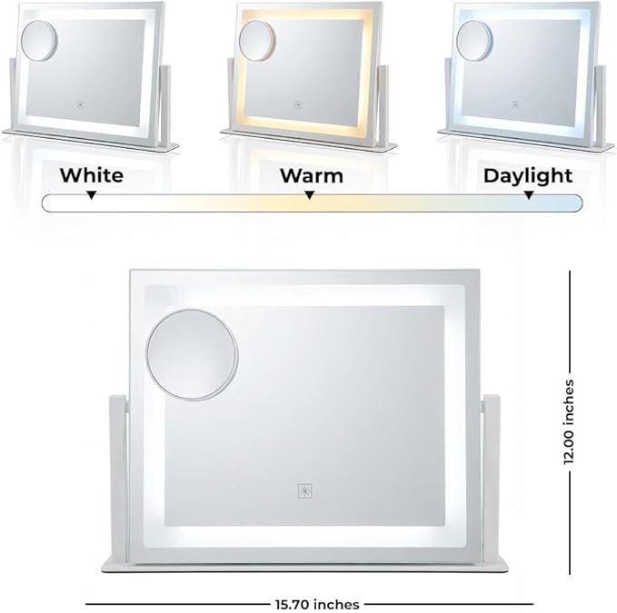 Vanity Mirror with Lights, 16" x 12" Lighted Makeup Mirror with Smart Touch Control, LED Makeup Mirror with 3 Color Lighting Modes, 10X Magnification, 360° Rotation for Tabletop - White