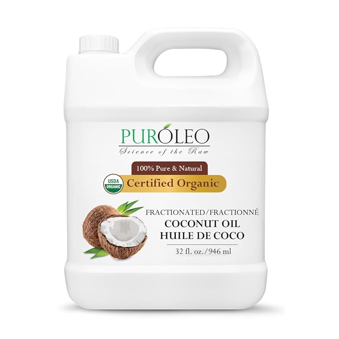 PUROLEO Organic Certified USDA Fractionated Coconut Oil 32 Fl Oz/946 ML (Packed in Canada) – 100% Natural & Odorless Moisturizer & Carrier Oil for Hair, Skin, Body, Massage, Makeup Removal