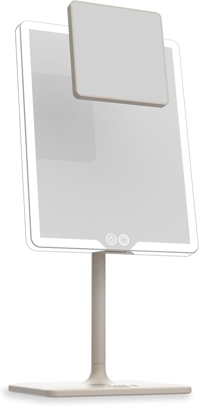 LUNA London Orbit LED Vanity Mirror with Lights, 7X/1X Magnification, Dimmable & USB-C Rechargeable Tabletop Mirror - Soft Stone