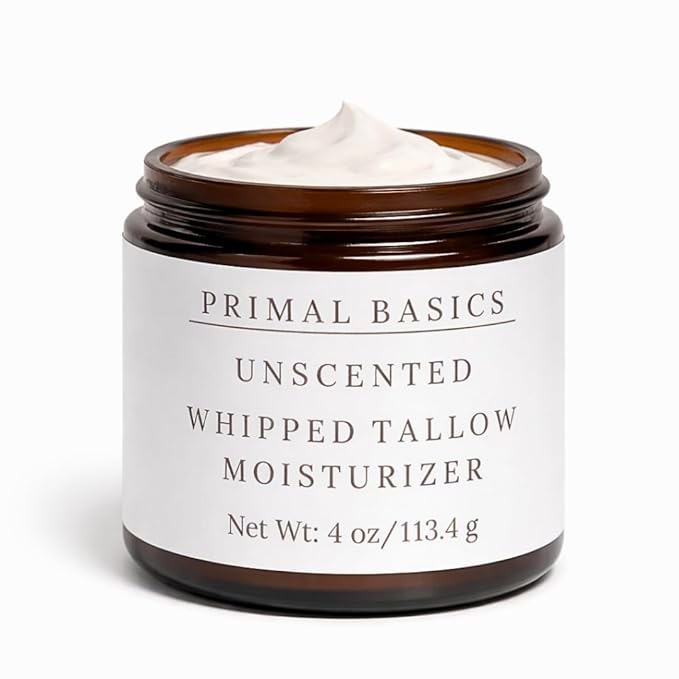 Primal Basics 100% Grass Fed Grass Finished Whipped Beef Tallow Moisturizer/Body Balm for Face, Body, Oily, Dry, Sensitive Skin -Contains Vitamins A, D, E, K -USA Made (4 oz, Unscented)