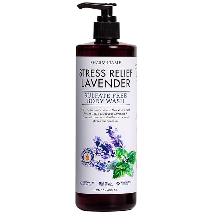 PHARM TO TABLE Stress Relief Lavender Body Wash for Women and Men Softens and Soothes the Skin, Sulfate Free, 100% Cruelty Free, 480ml