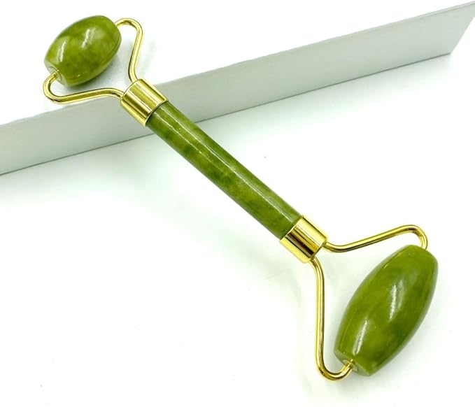 Natural Jade Facial Massage Roller and Gua Sha Set, Green Stone with Gold Accents, Traditional Chinese Beauty Tools for Face