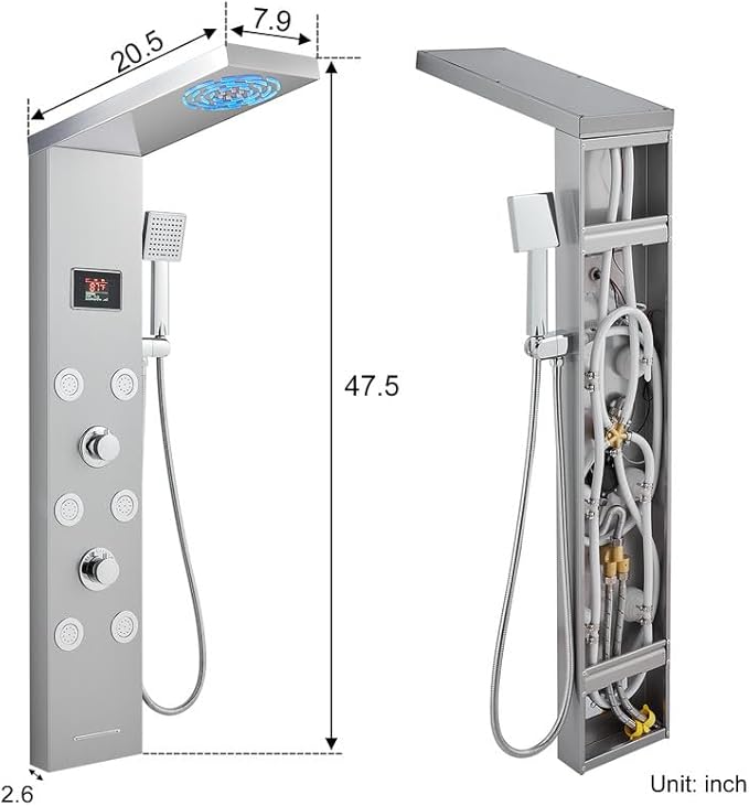 TSIBOMU Stainless Steel Shower Panel Tower System with LED lights(No battery need), Hydroelectric LED Rainfall Shower Tower System with 6 Pcs Body Jets, Brushed Nickel